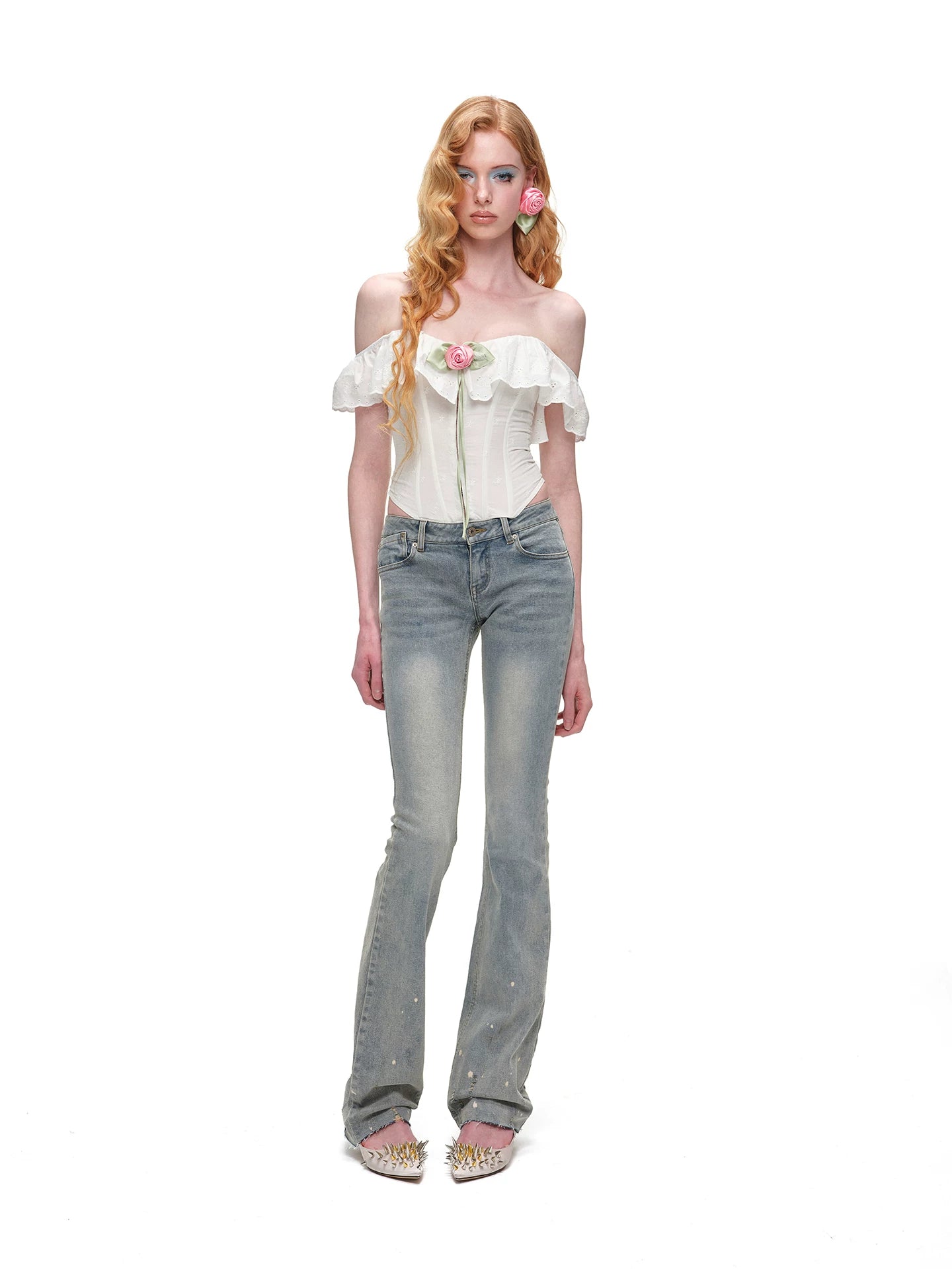 Vintage Ink-Splatter Embroidered Low-Rise Flared Jeans 1Jinn Studio