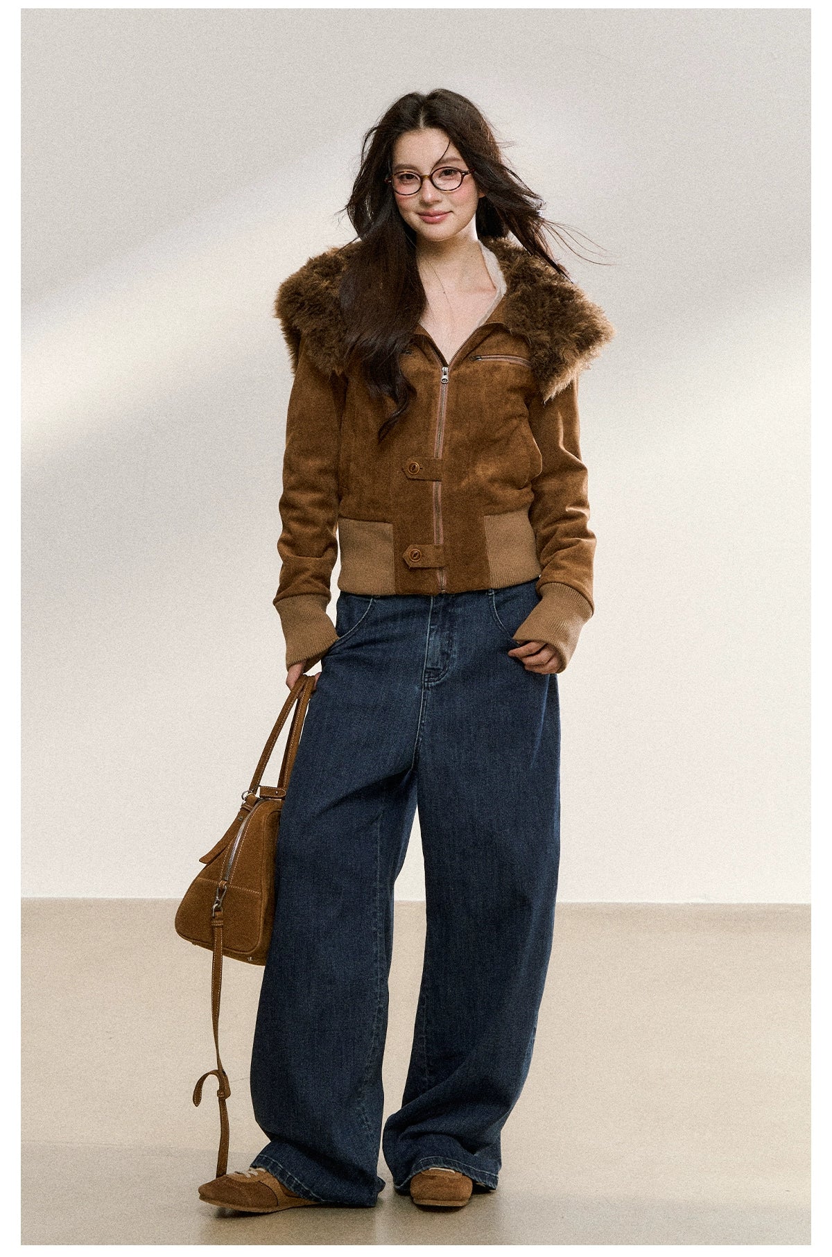 Mahogany Faux Fur Collar Suede Cropped Jacket - CHINASQUAD