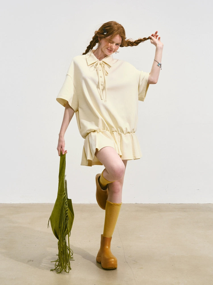 Bowknot Pleated Short-sleeved Dress - CHINASQUAD