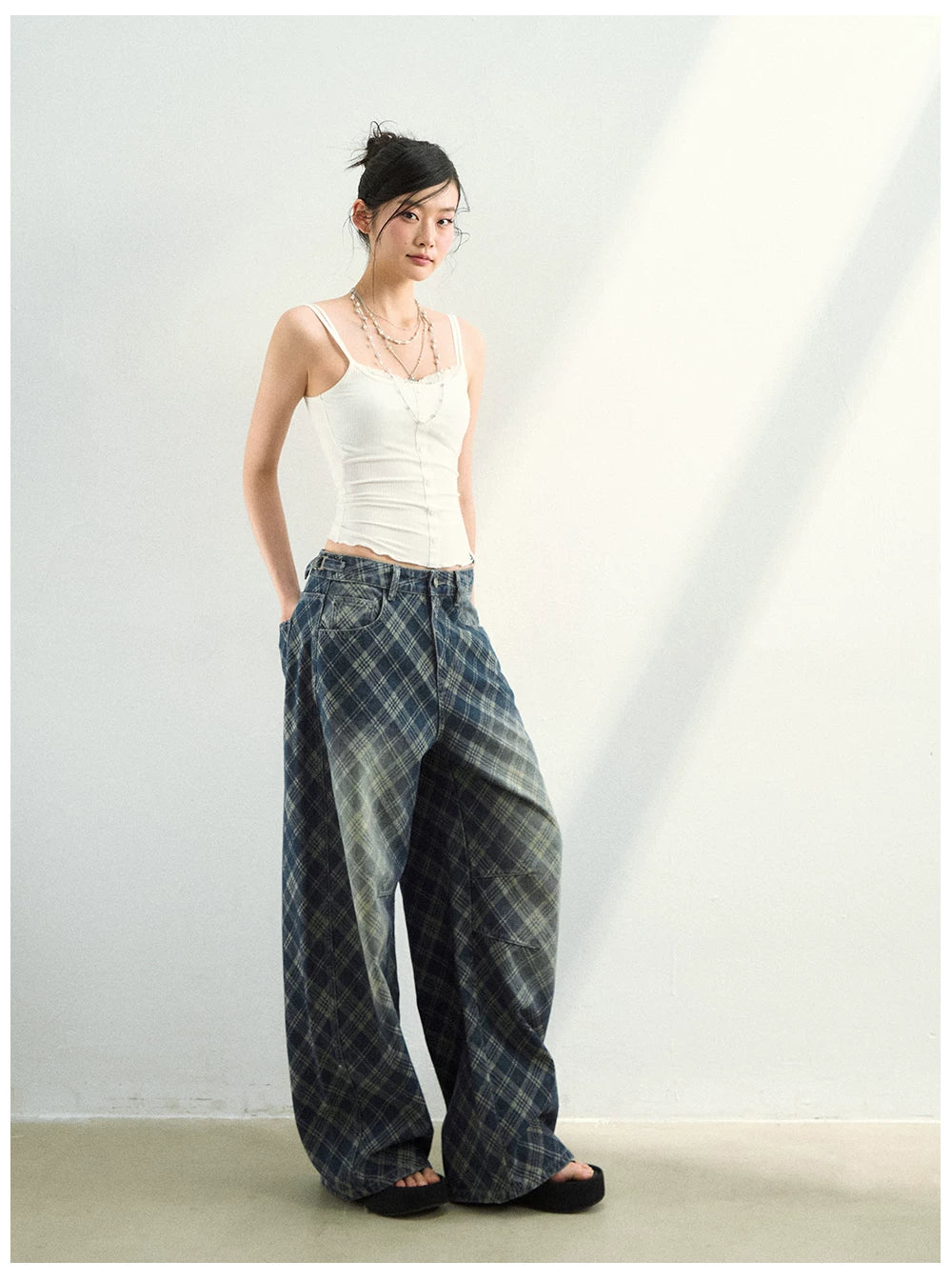 Vintage Washed Plaid Denim Pants