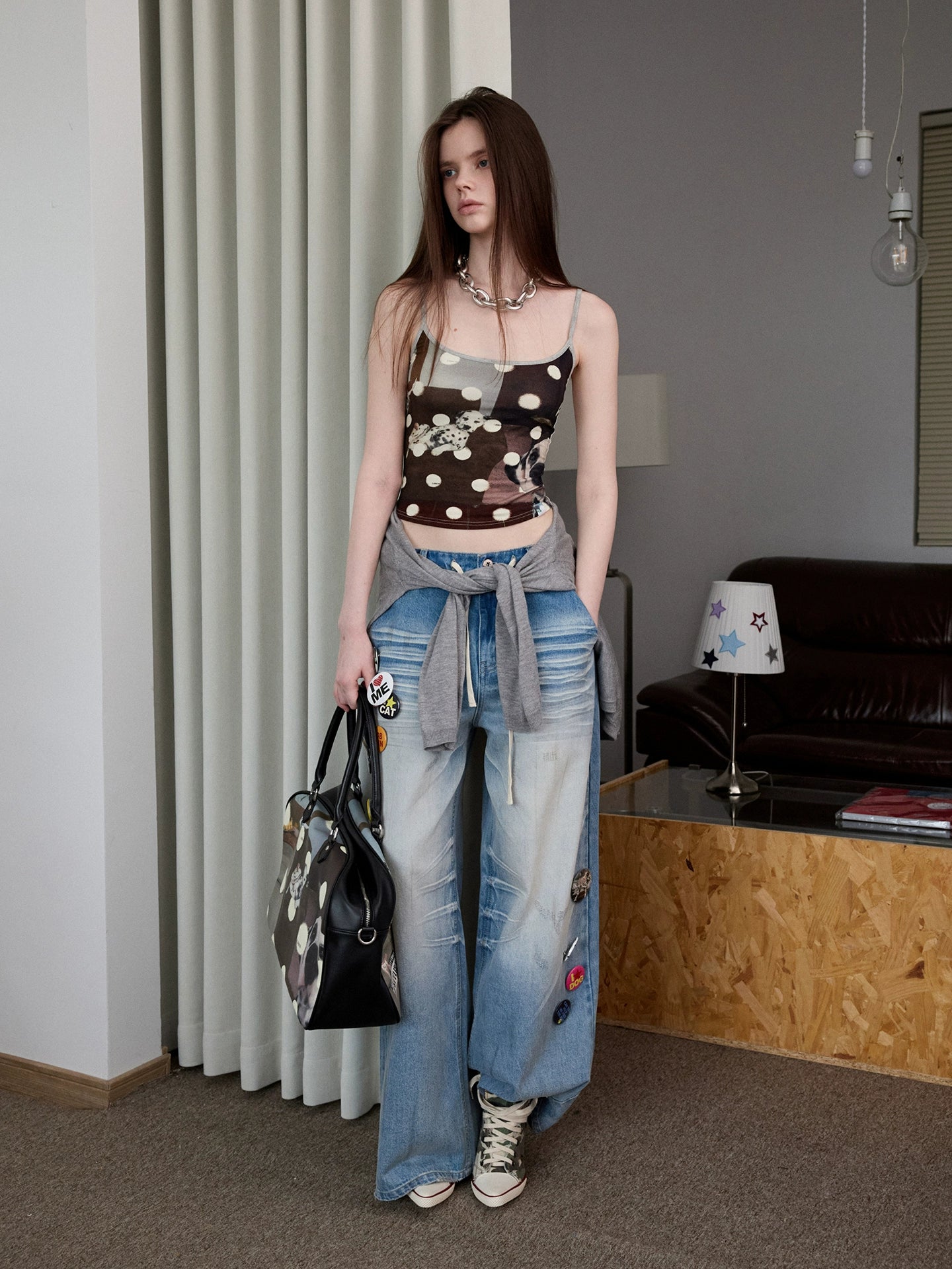 Light Blue Mud-Dyed Badge Wide-Leg Jeans - CHINASQUAD