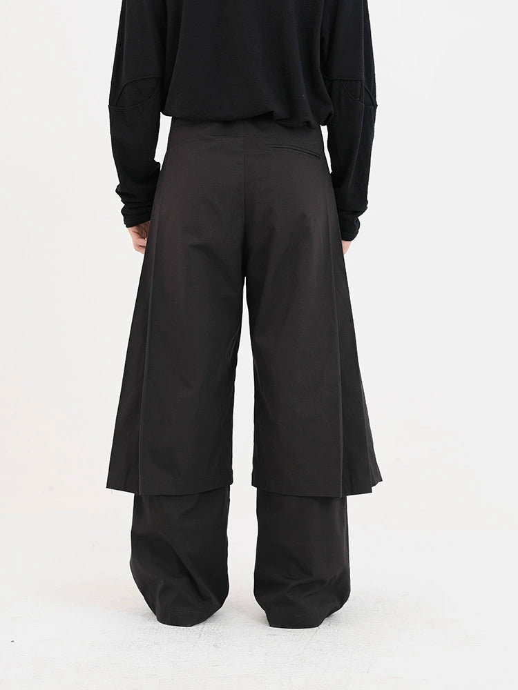 Black & Dark Brown Double-Pleated Skirt Pants - CHINASQUAD
