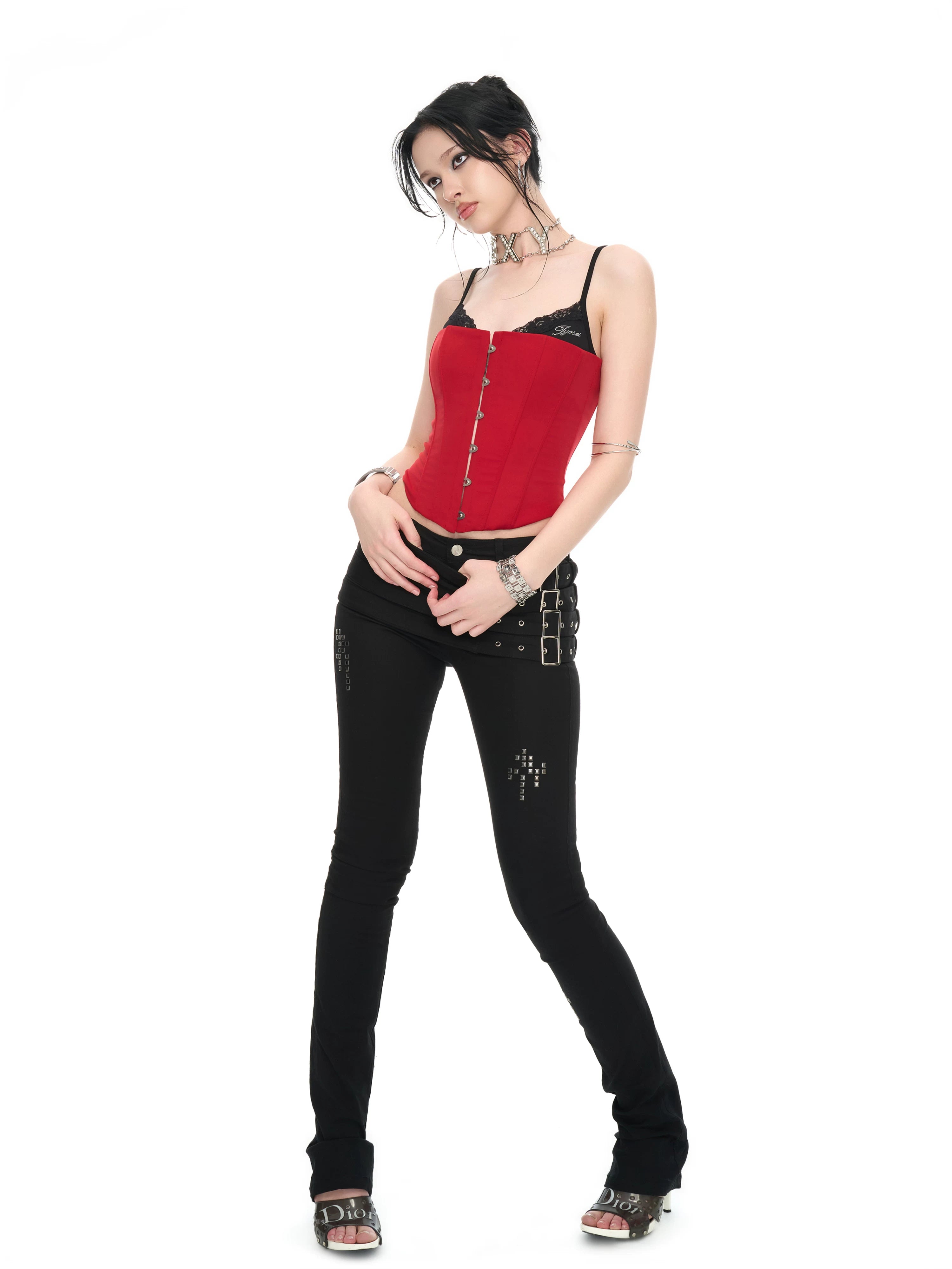 Crimson Lace Panel Hook Corset Camisole Top