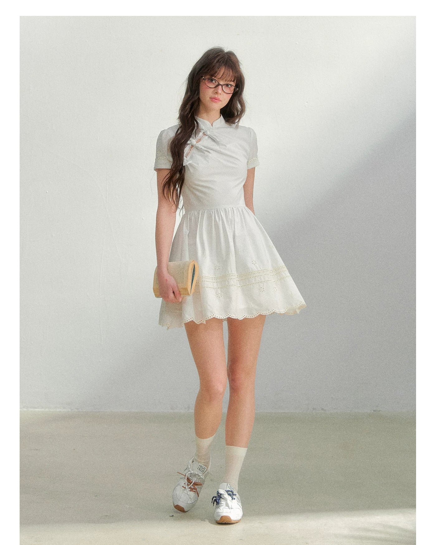 Polka Dot Embroidered Bow Cheongsam Dress