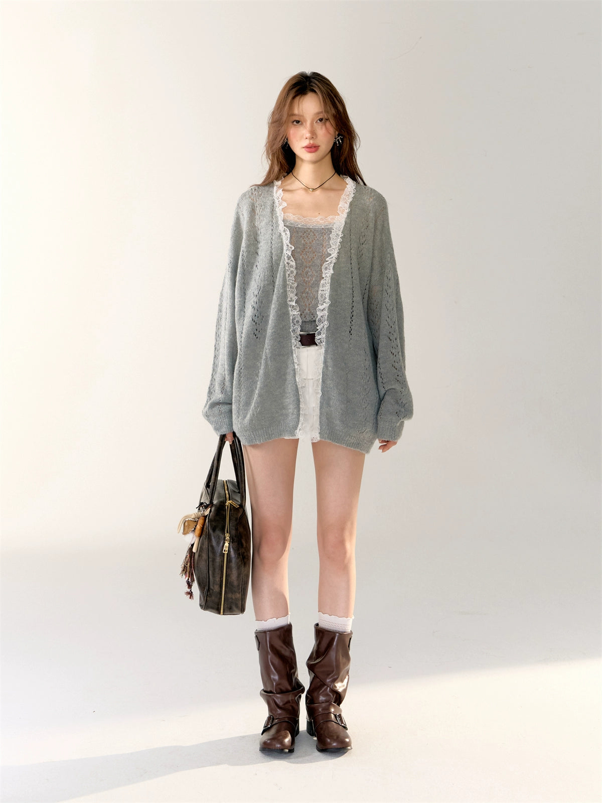 Gray & Purple Lace Trim Cardigan - CHINASQUAD