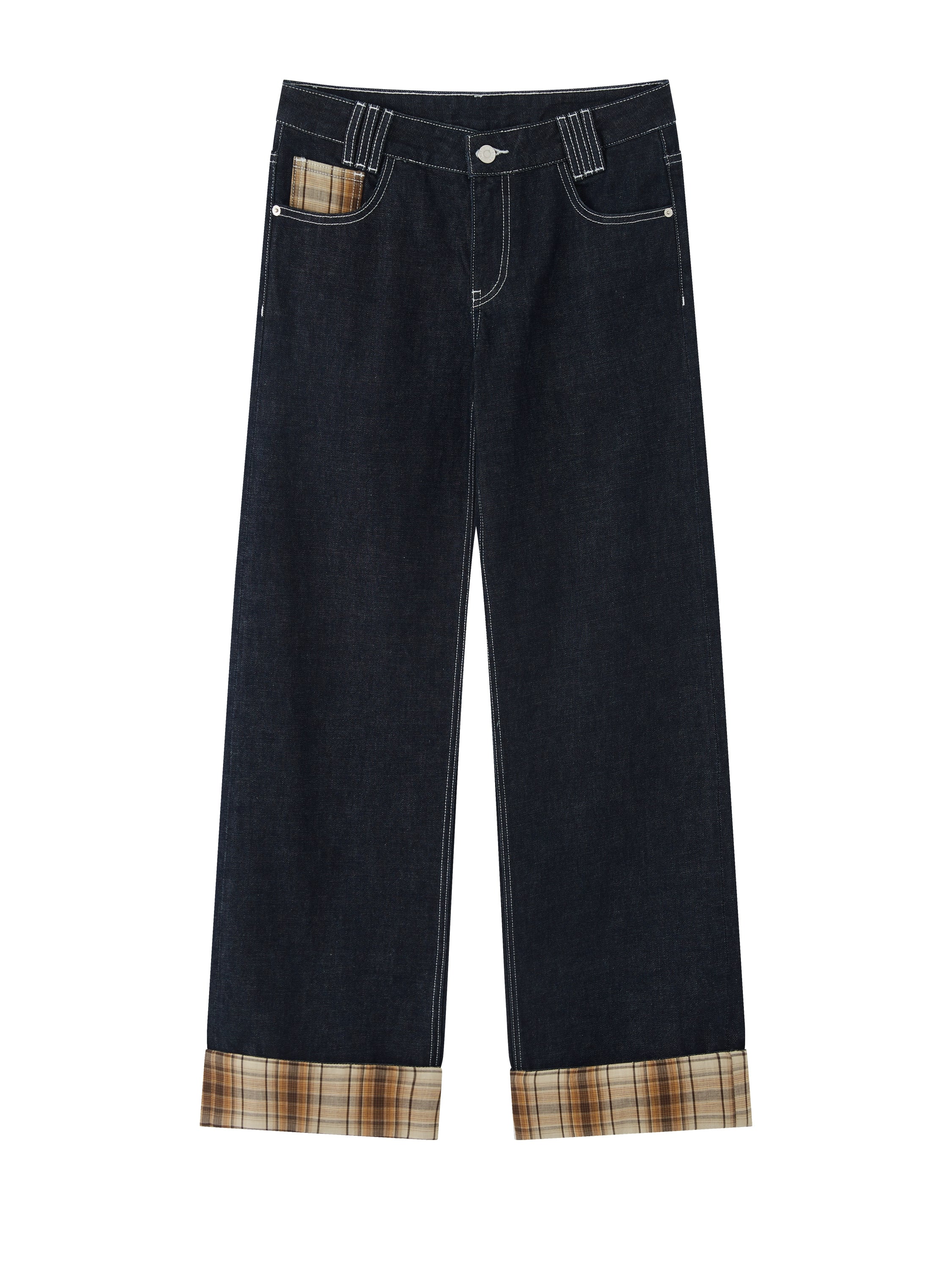 Blue Plaid Patchwork Straight-Leg Jeans - CHINASQUAD