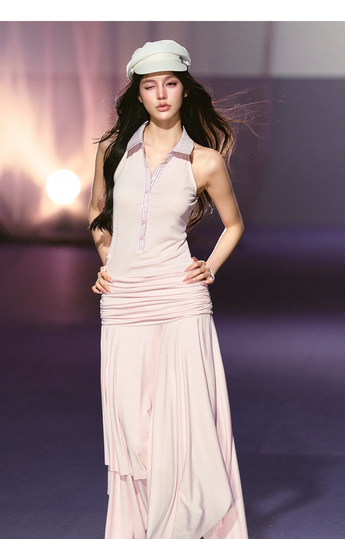 Vintage-Inspired Irregular Hem Shirt-Collar Sleeveless Maxi Dress
