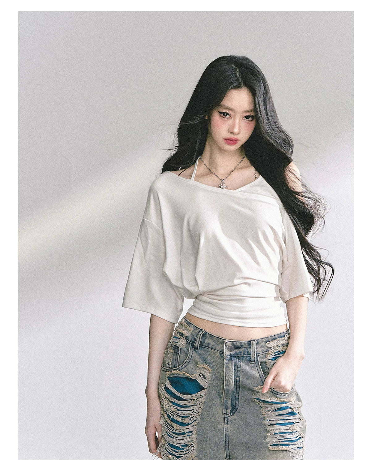 Asymmetric Short-Sleeve Halter Crop T-Shirt