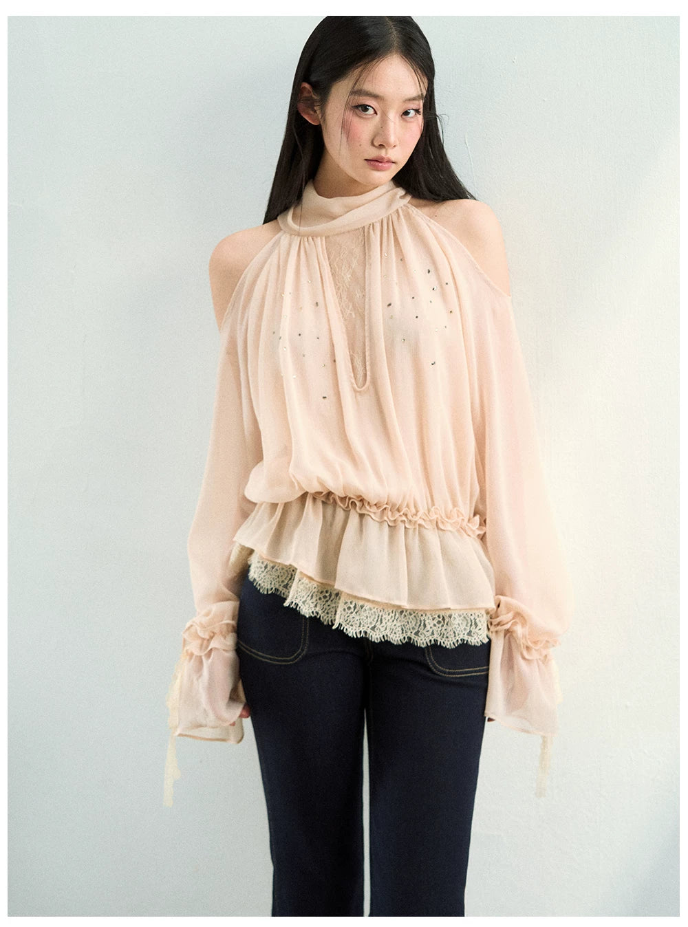 Rhinestone Sheer Chiffon Blouse