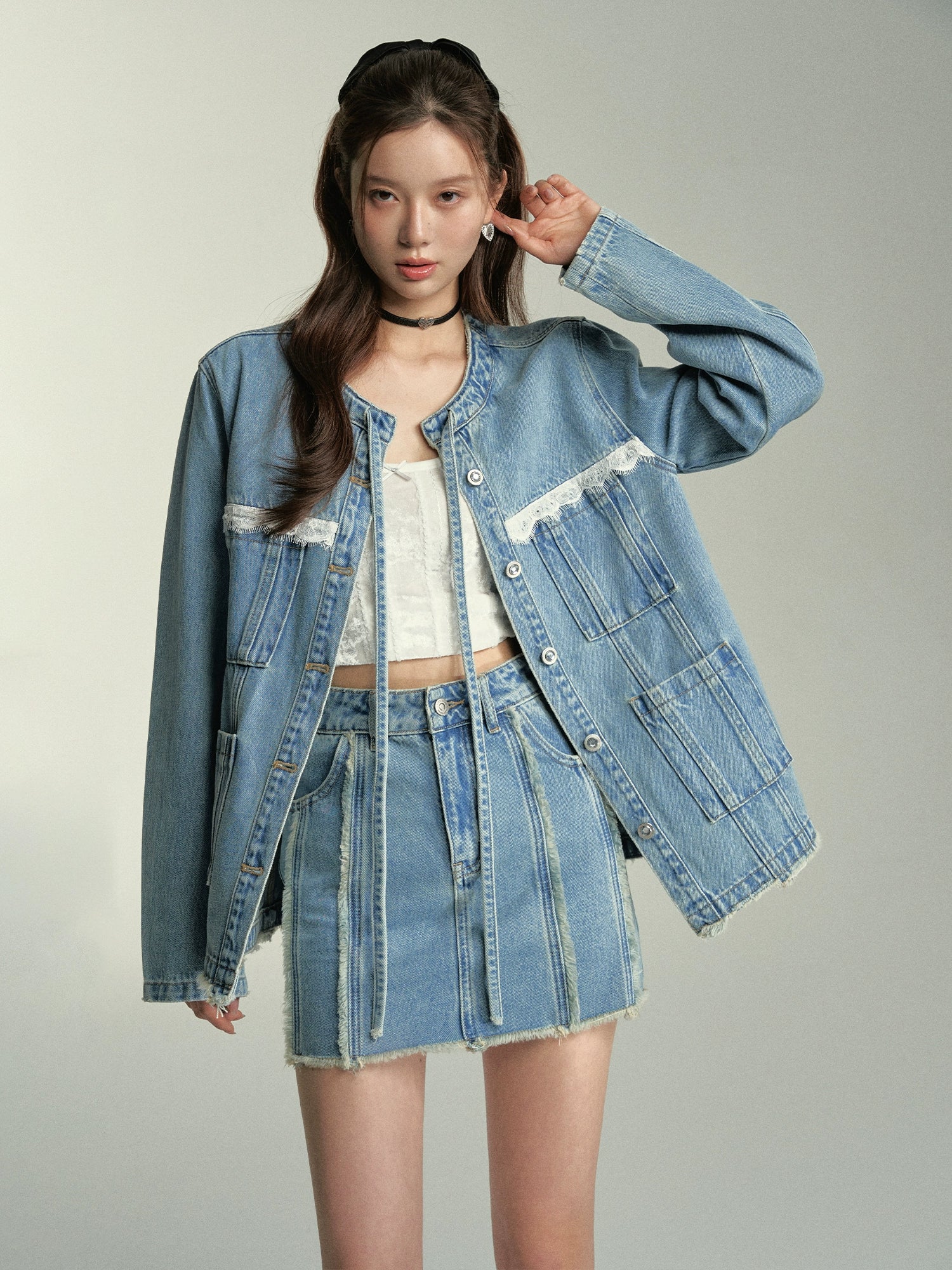 Jean jacket and skirt set hot sale
