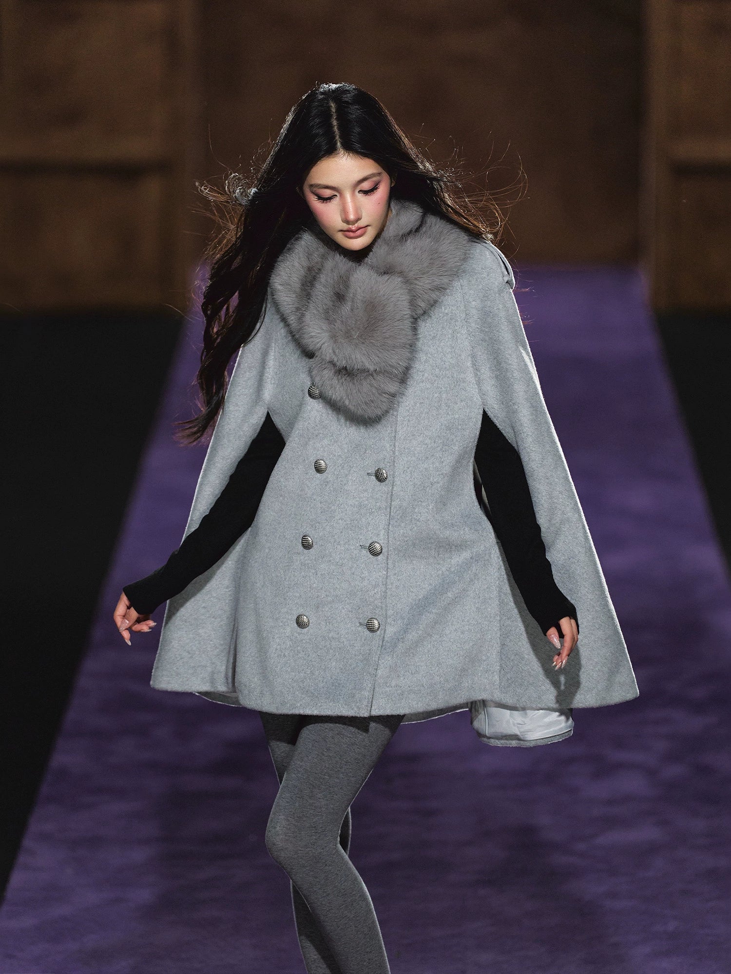Wool-Blend Detachable Fur-Collar Cape Coat