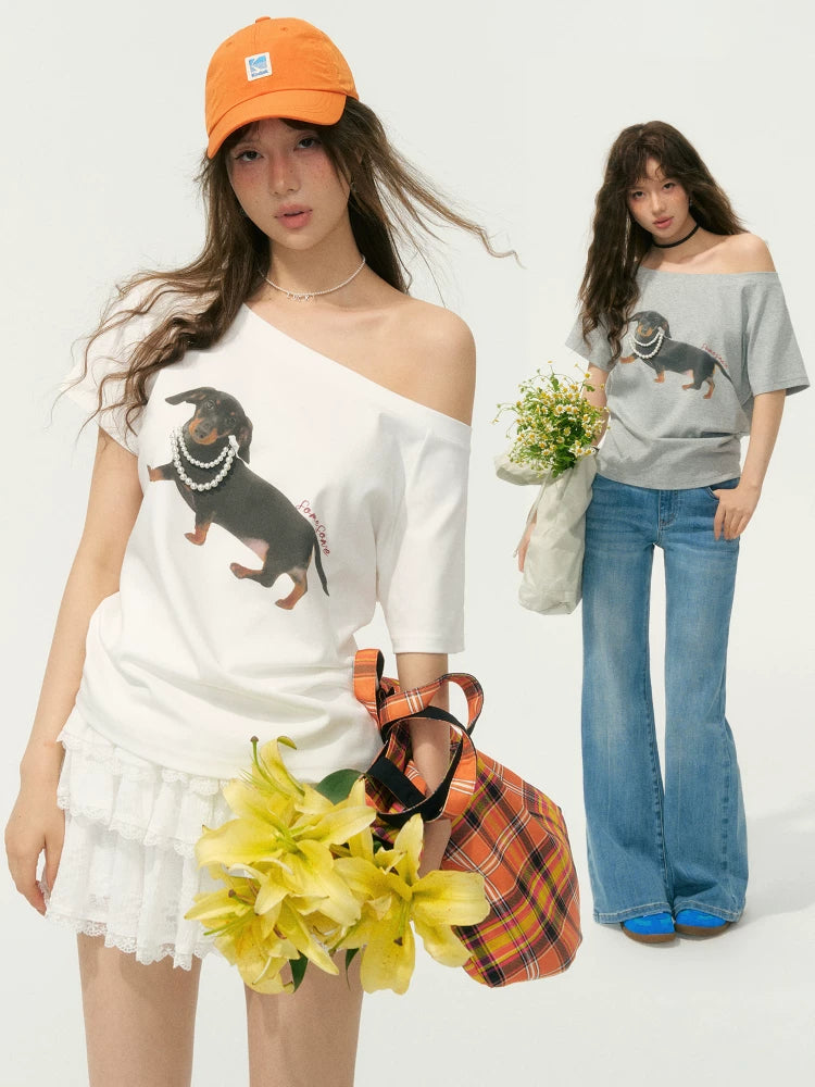 Pearl Embellished Dachshund Off-Shoulder T-Shirt