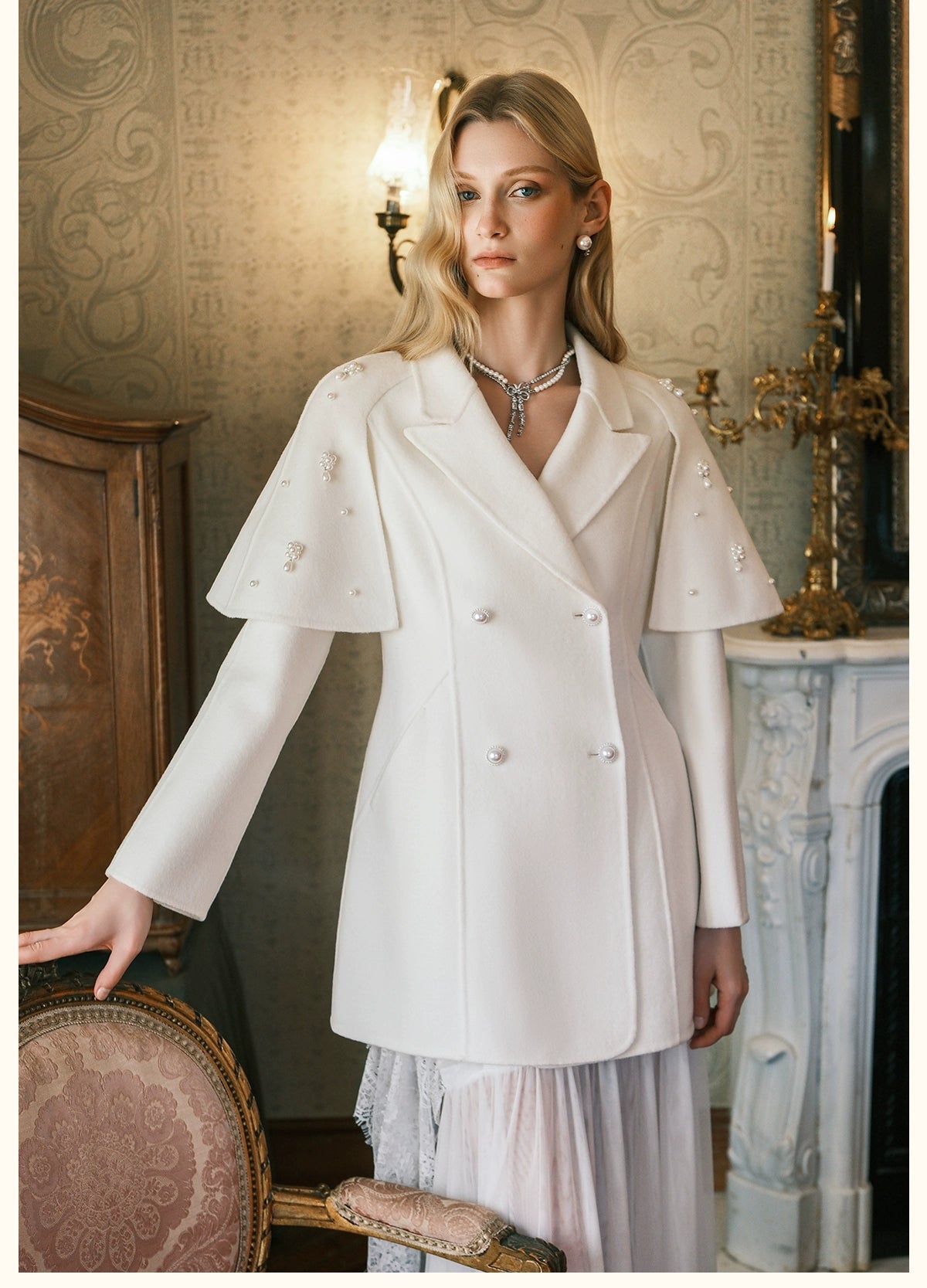 Mira Vintage Pearl Cape Wool Coat - CHINASQUAD