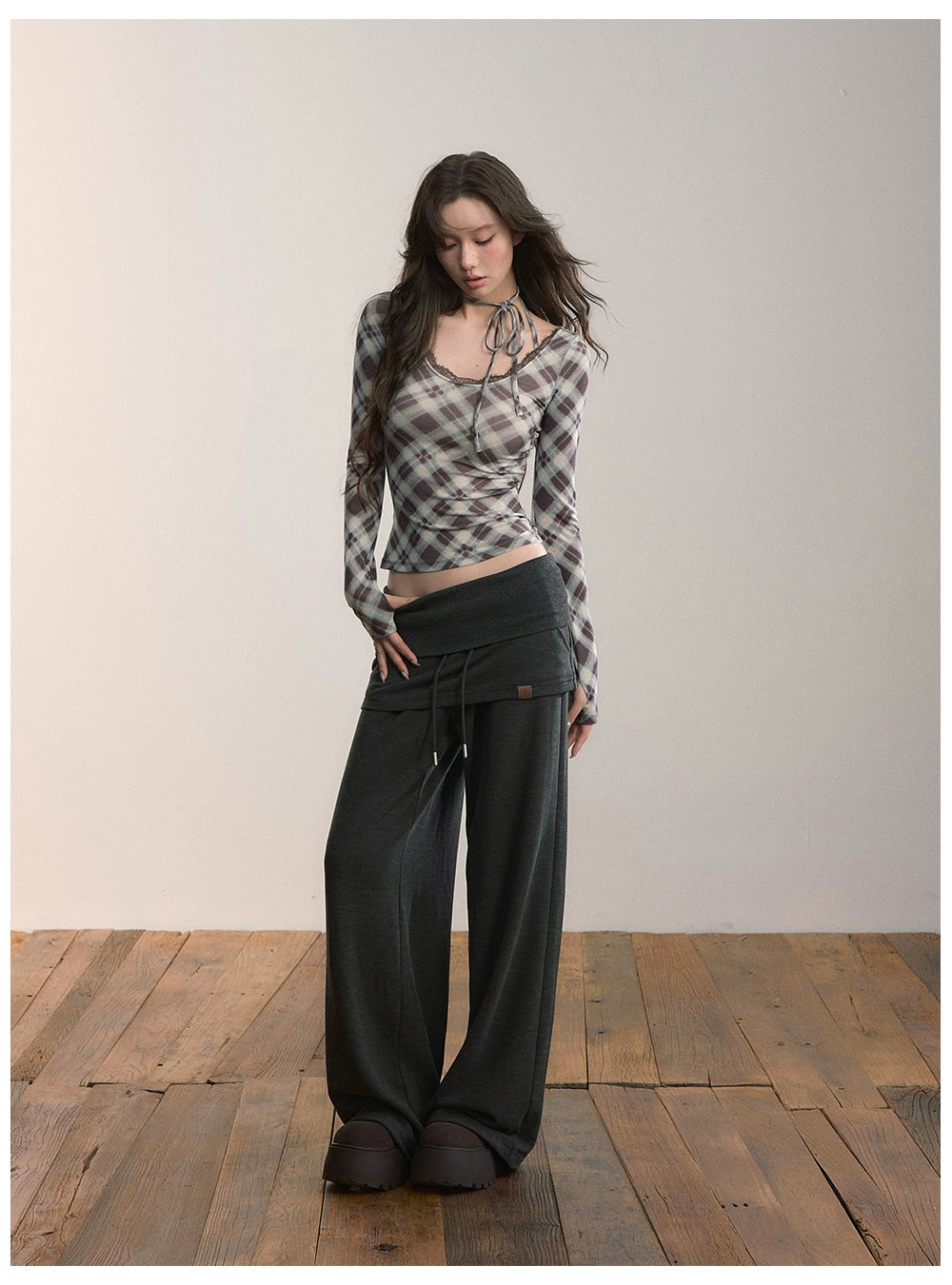 Folded Waist Skirt-Hem Wide-Leg Sweatpants - CHINASQUAD