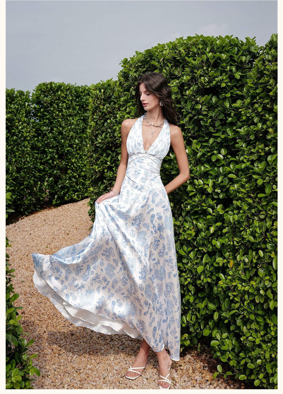 Halter V-Neck Cut-Out Printed Maxi Dress
