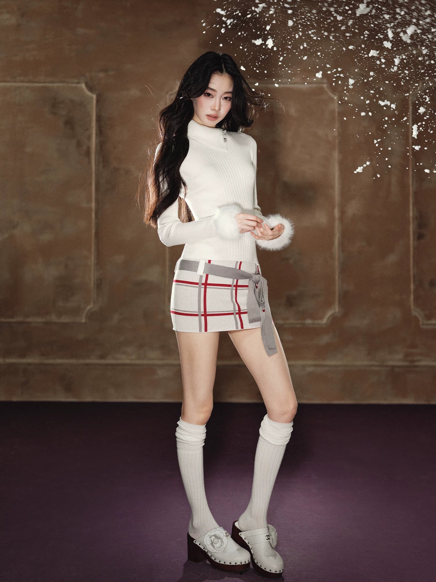 Faux-Fur Turtleneck Belted Slim-Fit Dress