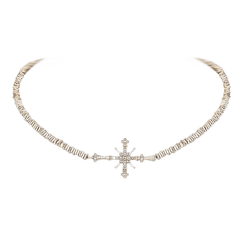 Retro Gold Cross Broken Silver Choker - CHINASQUAD