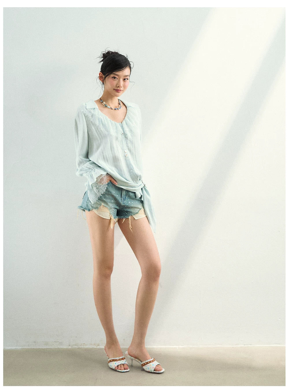 Lace Trim Relaxed Lyocell Blouse