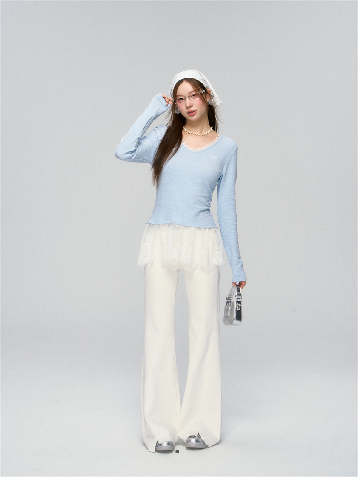 Lace-Patchwork Gray V-neck Long-Sleeve Top - CHINASQUAD