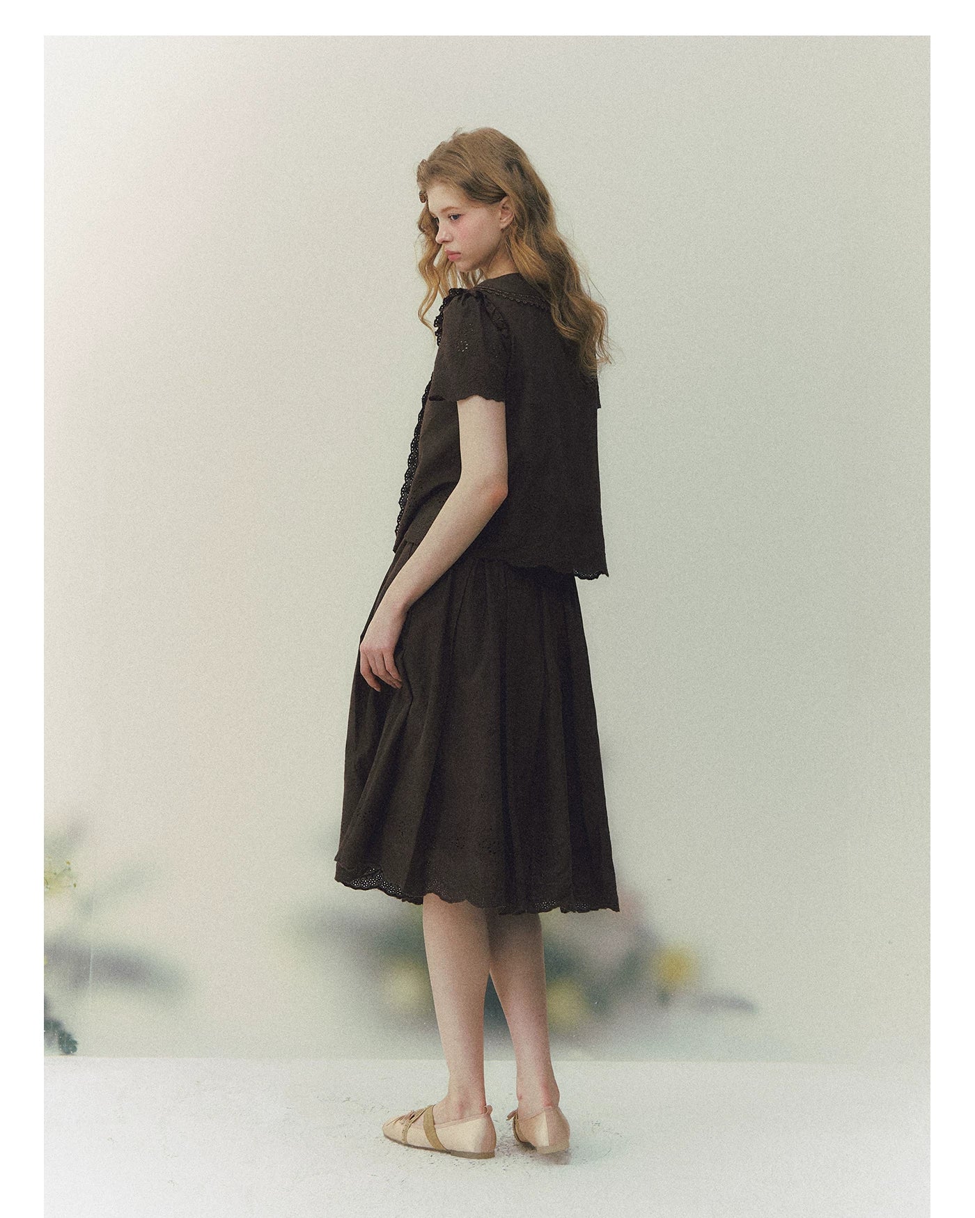 Peter Pan Collar Shirt & Midi Skirt Set