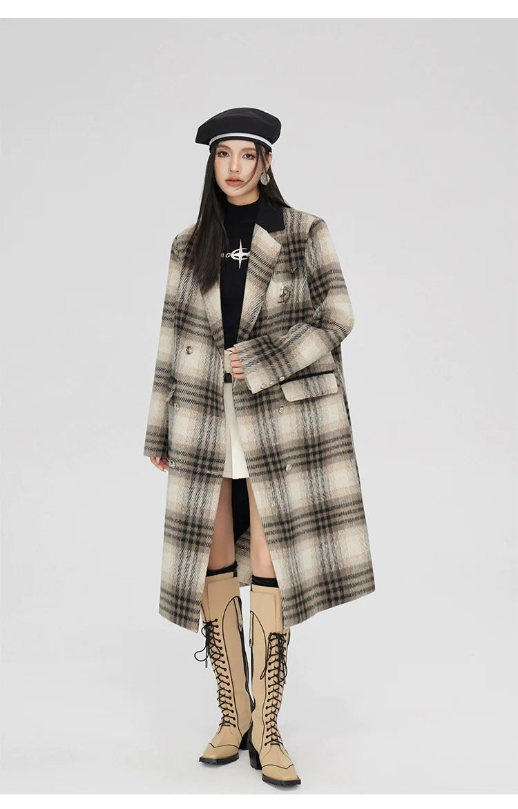 (Final Sale) Coffee Woolen Plaid Coat - CHINASQUAD