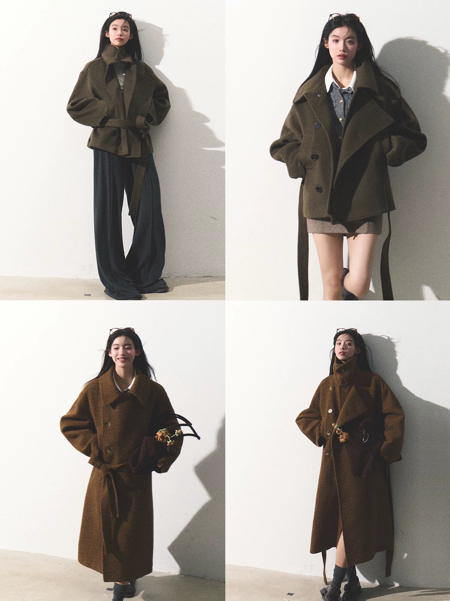 Waist-Defining Silhouette Stand-Collar Wool Coat