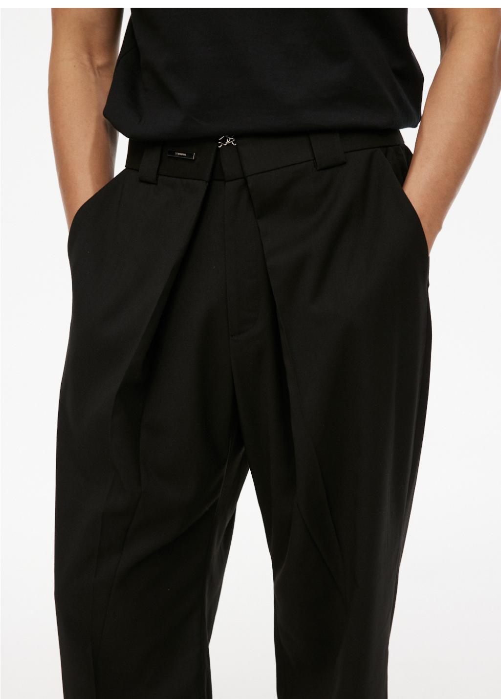 Black Fold Placket Loose Trousers - CHINASQUAD