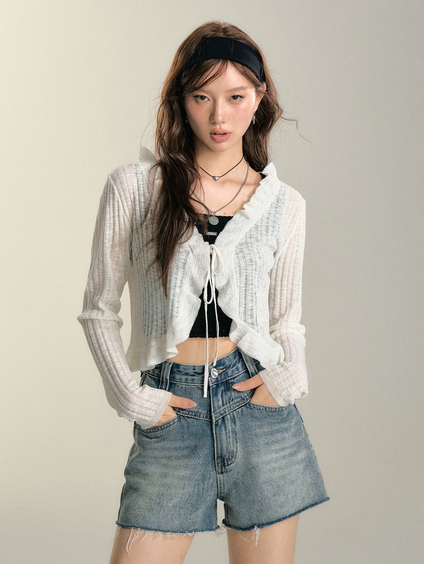 White Ruffle Edge Tie-front Cardigan - CHINASQUAD