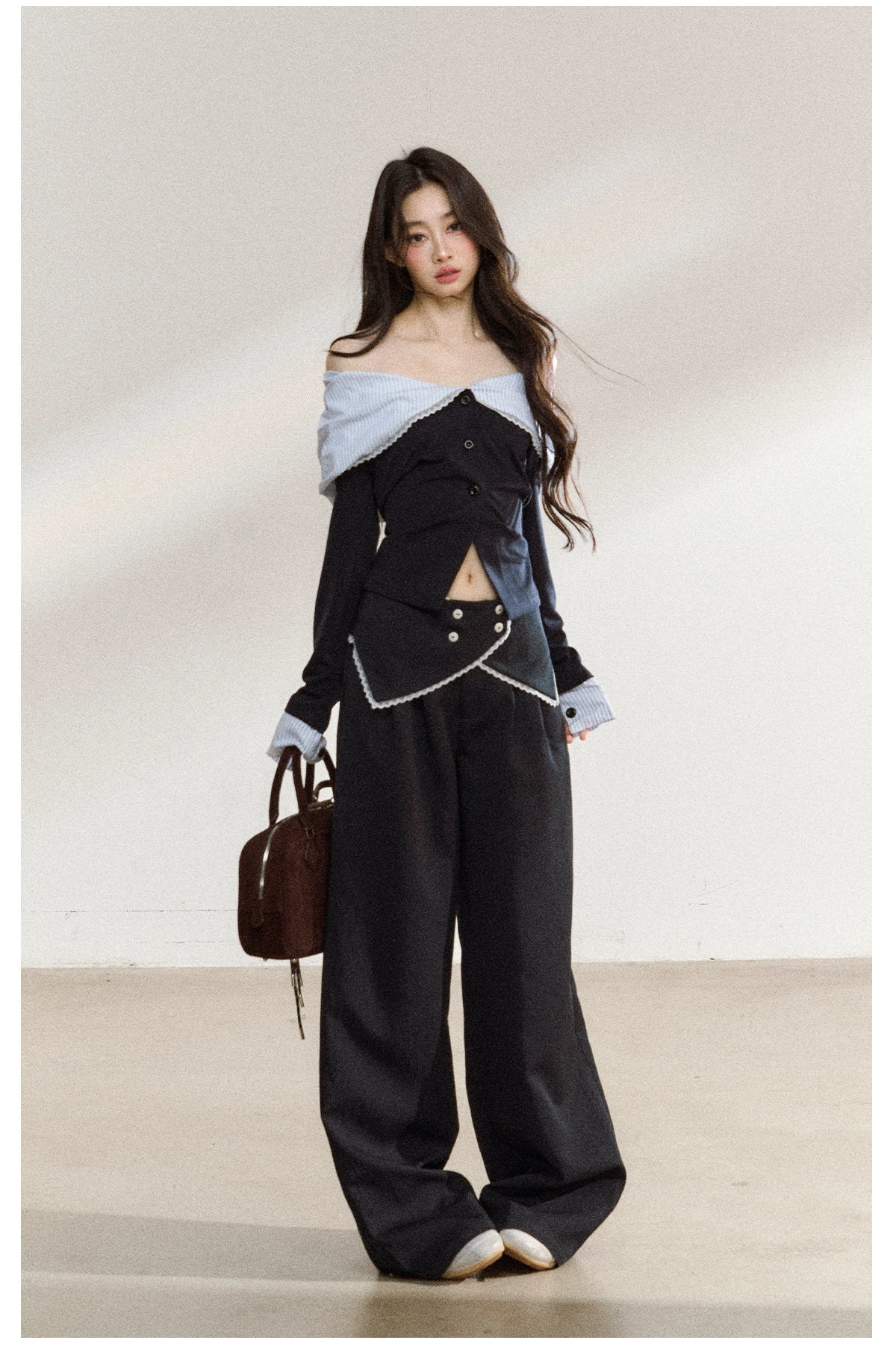 Off-Shoulder Striped Lapel Blouse & Pants Set - CHINASQUAD