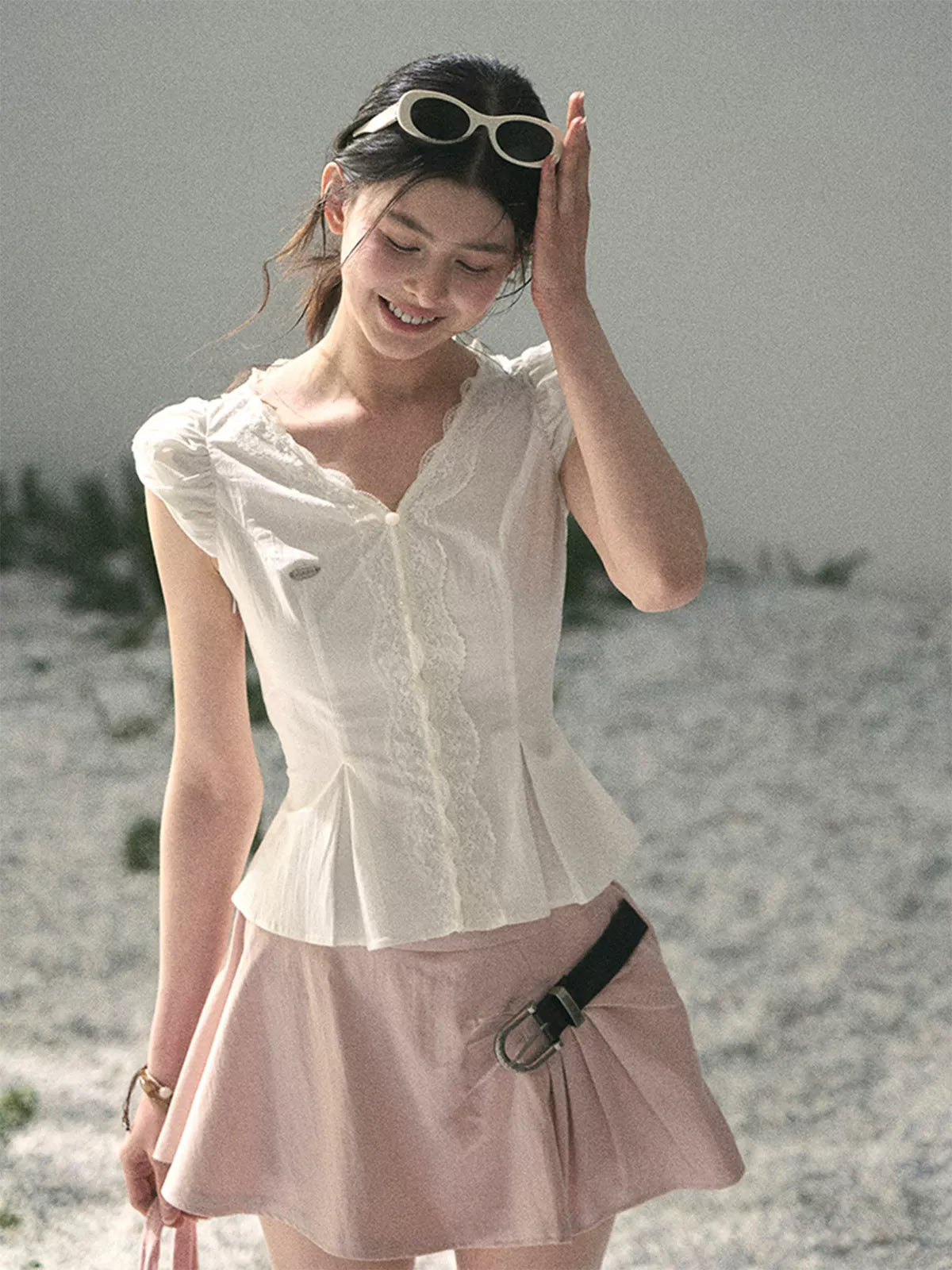 Lace Trim French V-Neck Blouse
