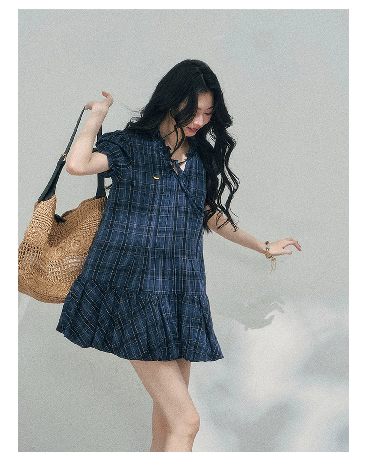 French Plaid Puff Sleeve Mini Dress
