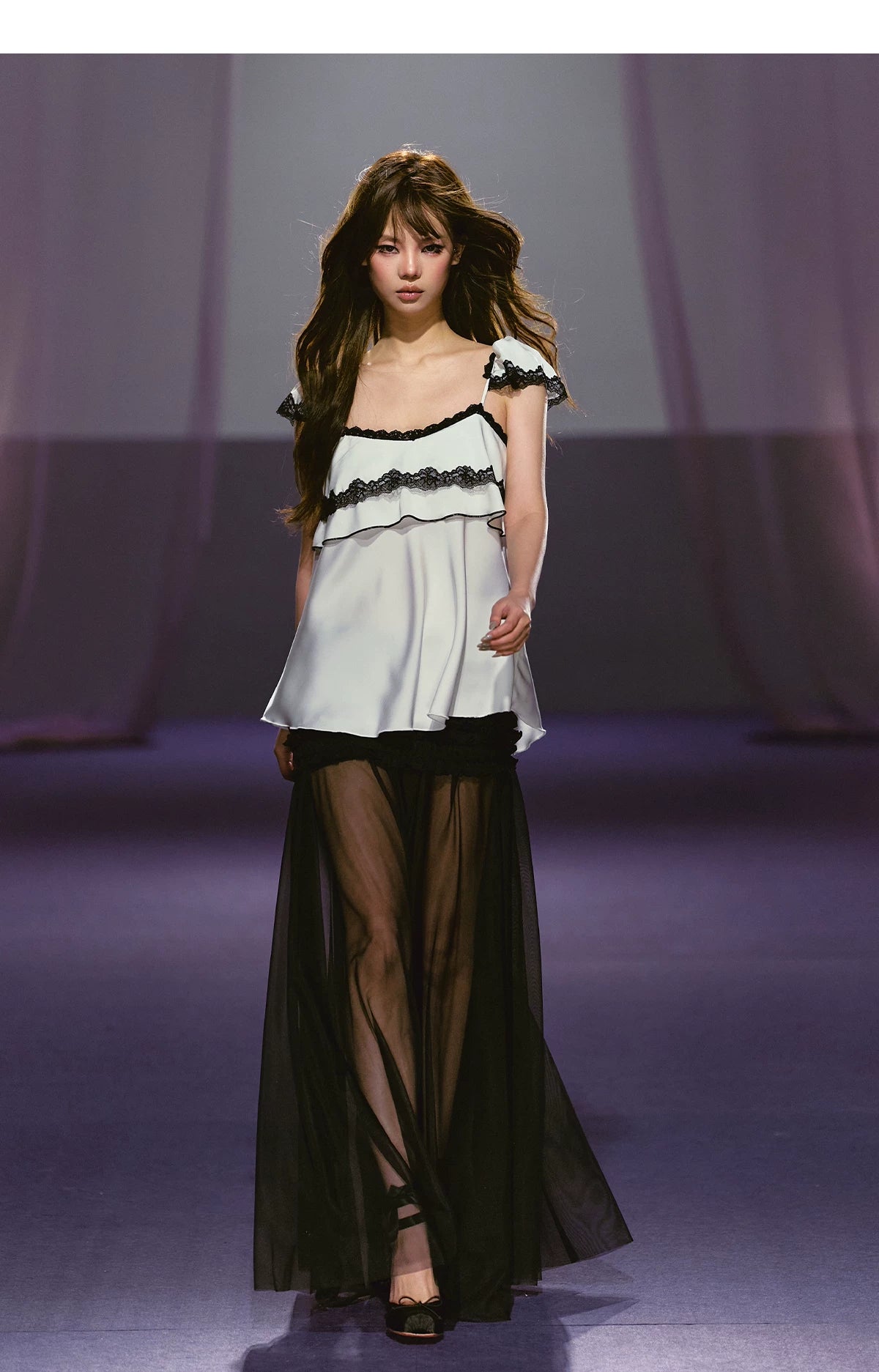 Ruched Semi-Sheer Mesh Maxi Skirt