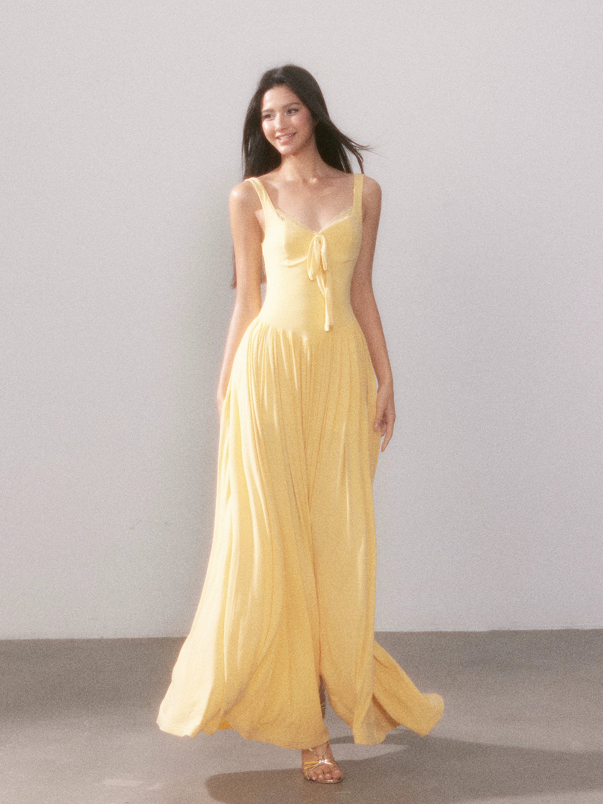 Lace Knit Spaghetti Strap Slit Long Dress - CHINASQUAD