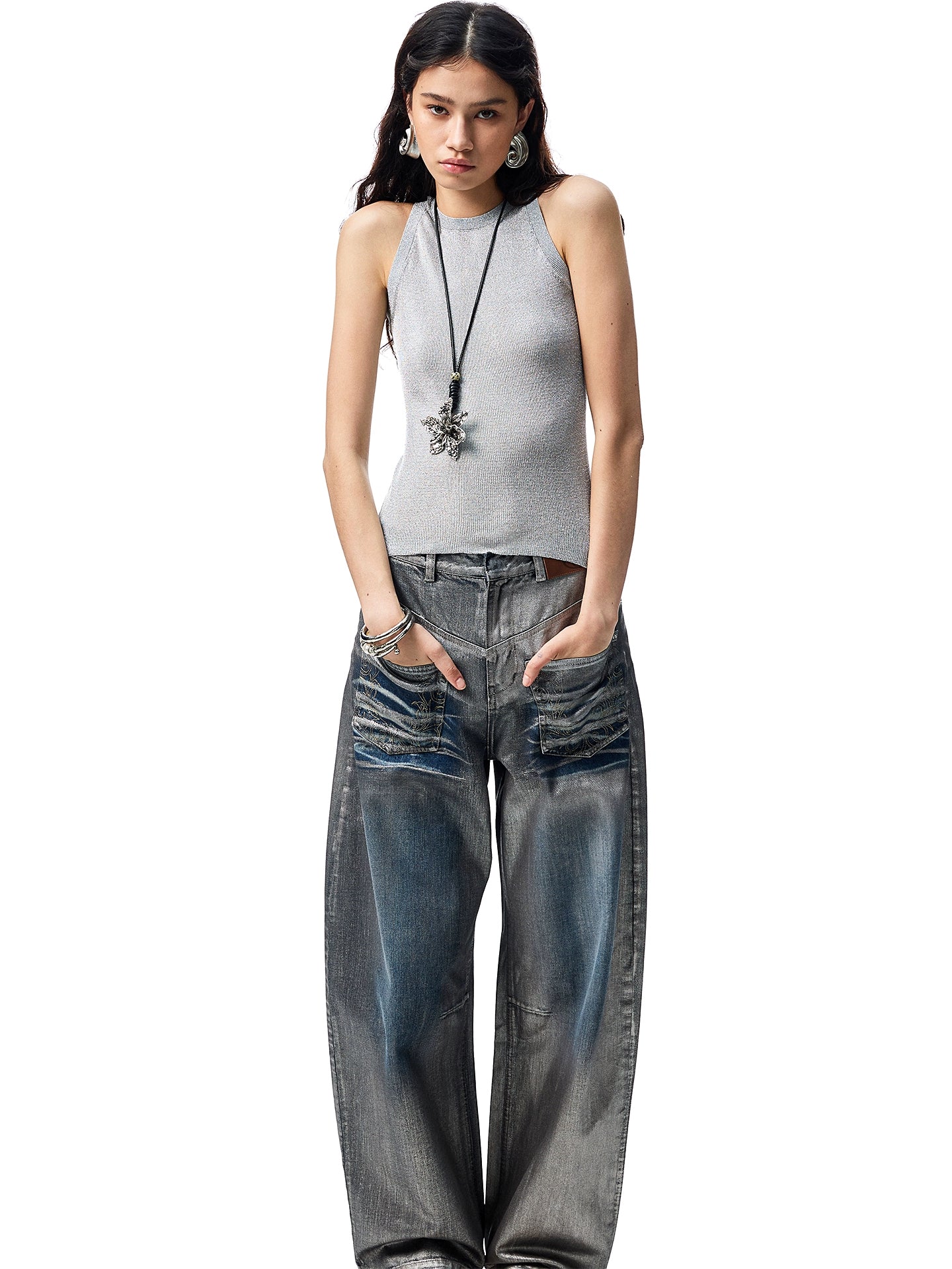 Silver-Foil Embroidered Straight-Leg Denim Curved Pants - CHINASQUAD