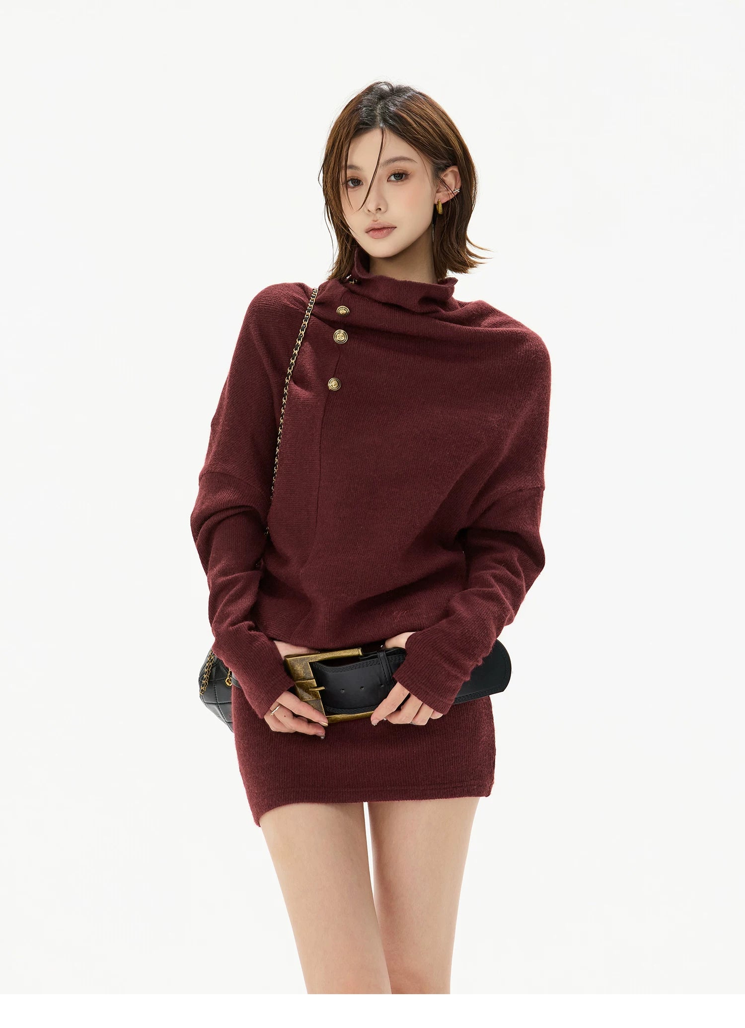 Cowl-Neck Batwing Sleeve Knit Mini Dress