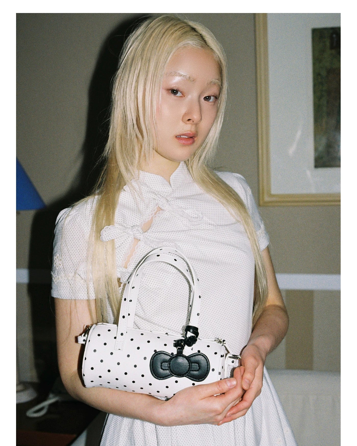 Bow-Accent Polka Dot & Floral Barrel Bag
