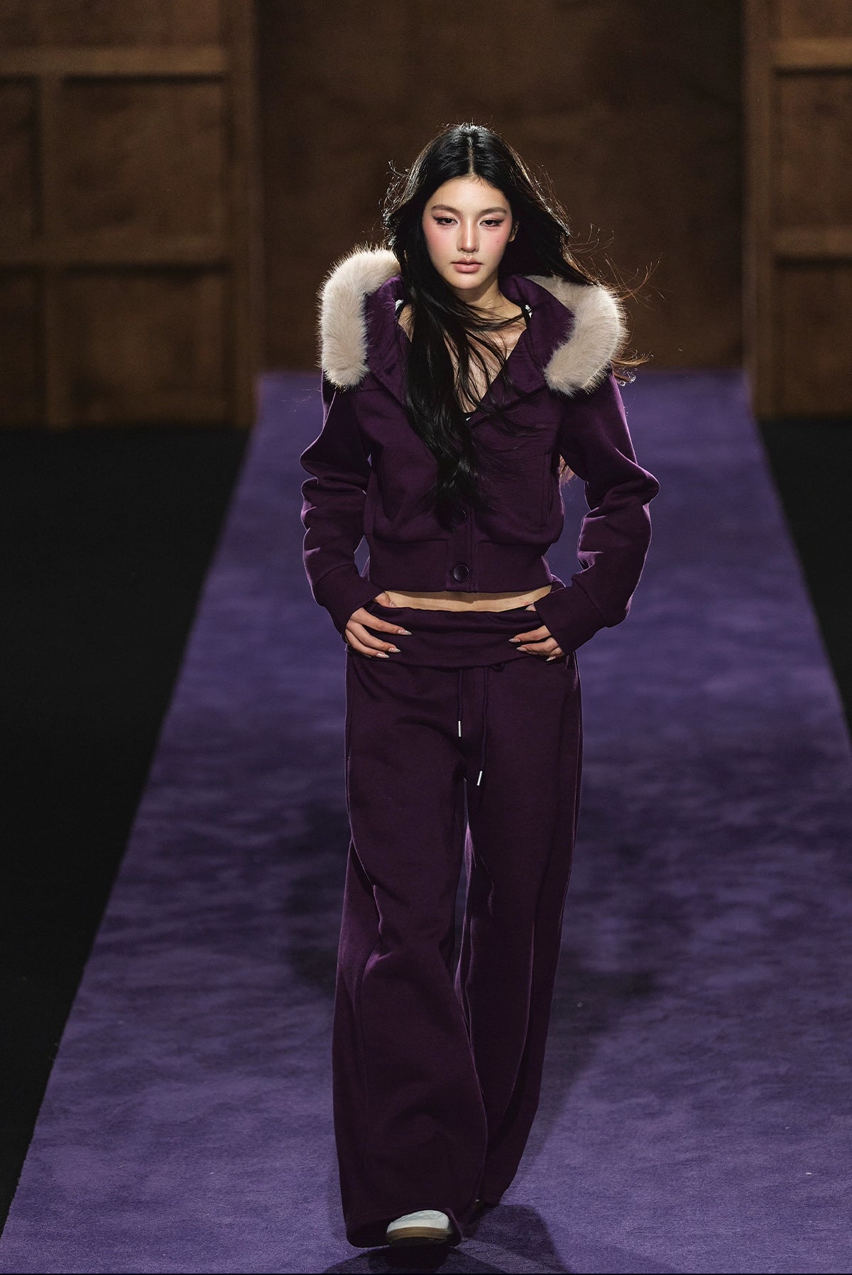 Faux Fur Hooded Cropped Hoodie & Jogger Set