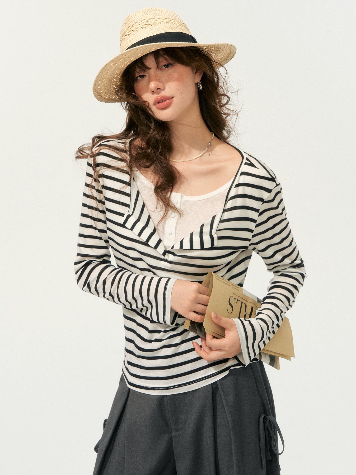Fake Two-Piece Striped V-Neck Blouse - CHINASQUAD