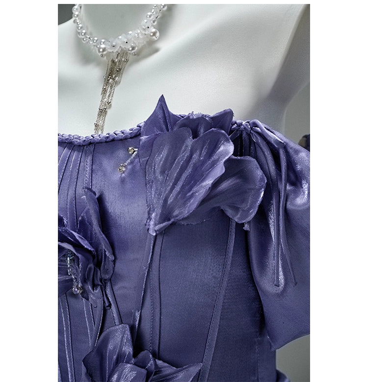 Elegant Purple Satin Floral Couture Gown