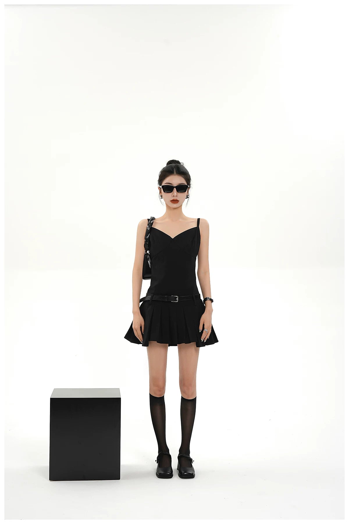 Asymmetric Zip-Back Pleated Camisole Dress