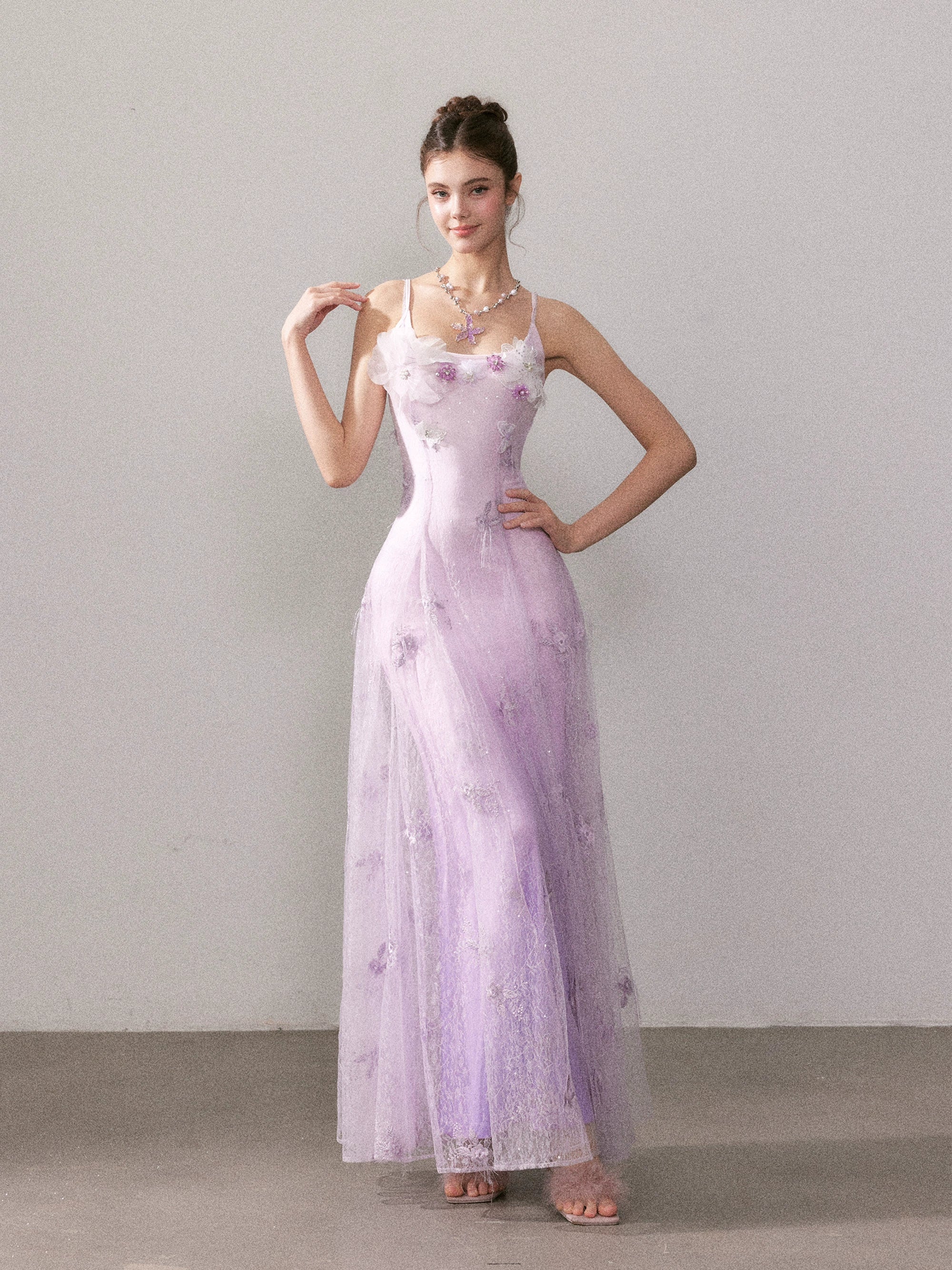 Light Purple Gradient Embroidered Bud Lace Long Dress - CHINASQUAD