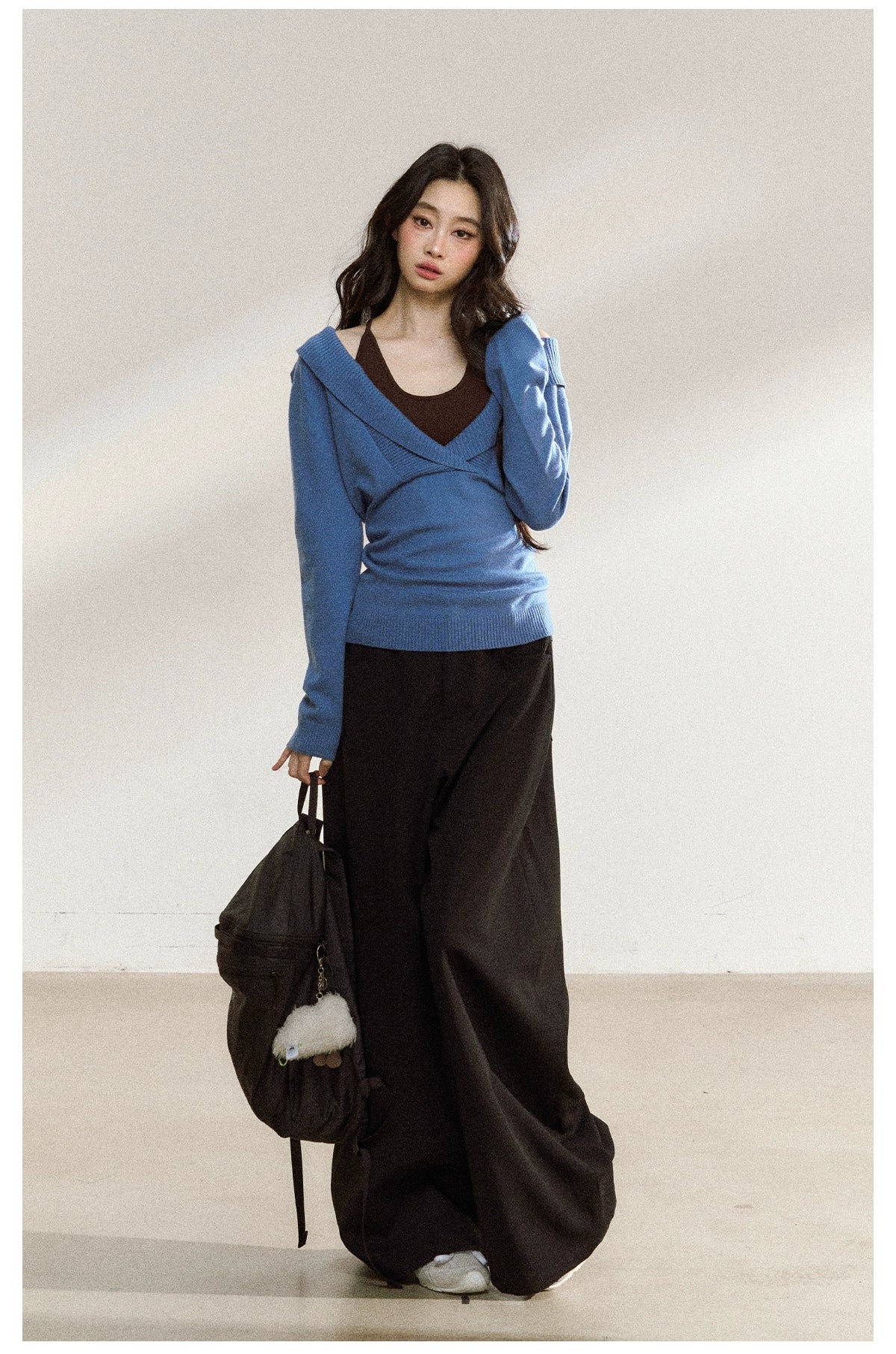 Blue Off-Shoulder Knit Sweater Cardigan - CHINASQUAD