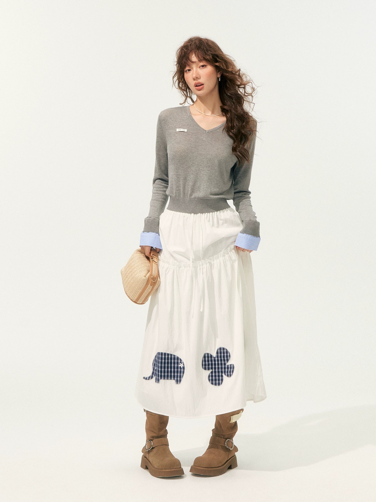 Pleated Patchwork Midi Skirt