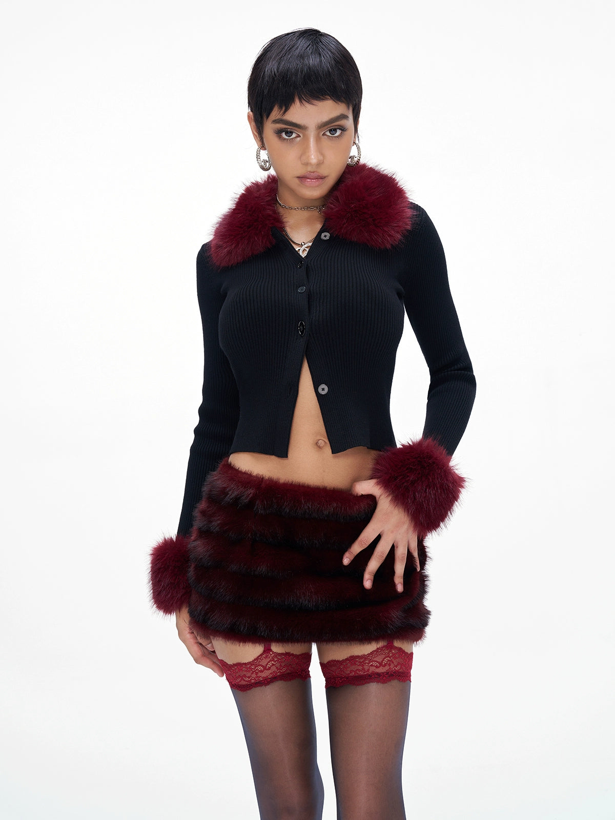 Fur-Collar Knit Cape & Fuzzy Bodycon Skirt Set