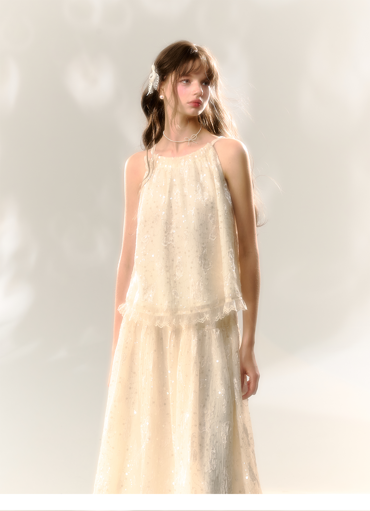 White Butterfly Lace Halter Top & Midi Skirt Set - CHINASQUAD