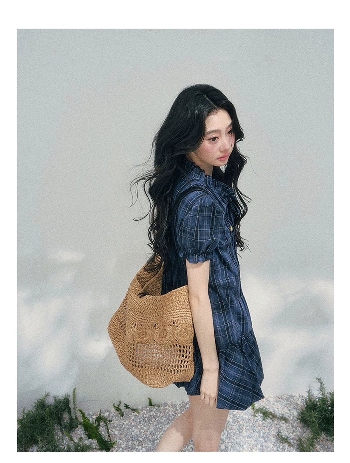 French Plaid Puff Sleeve Mini Dress