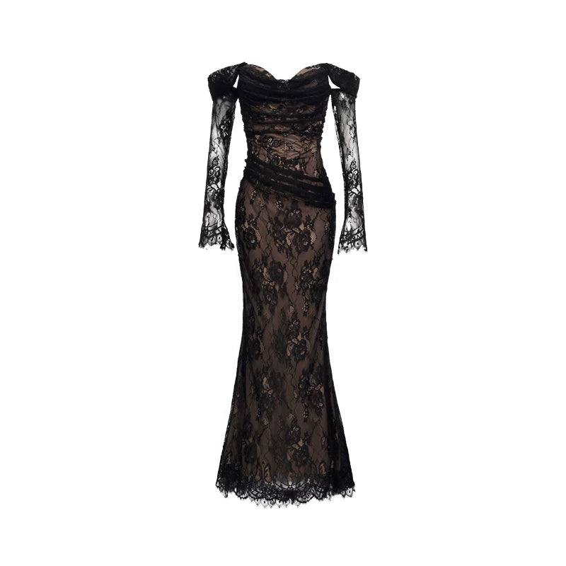 Off-Shoulder Lace-Panel Mermaid Maxi Dress