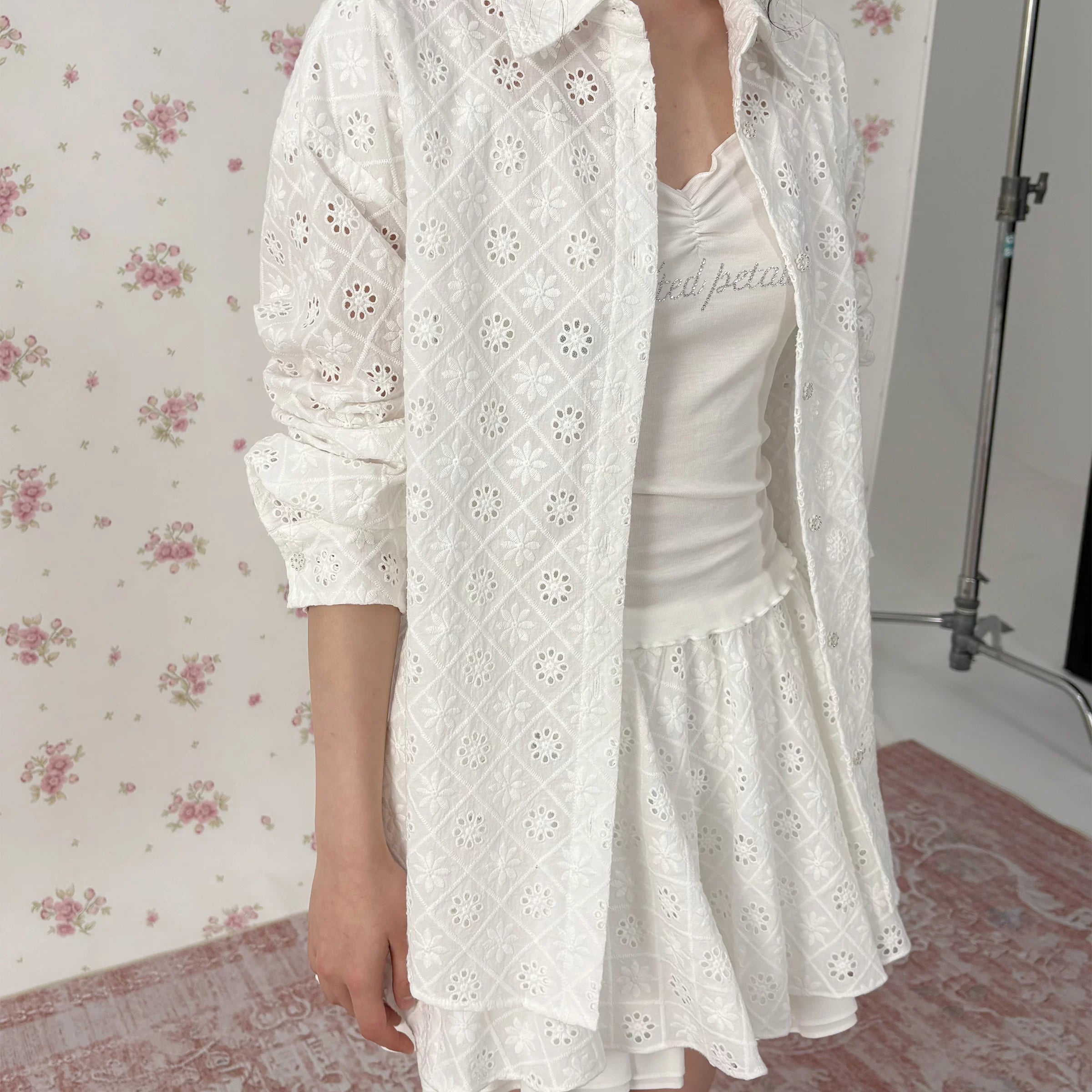 Lace Cutout Shirt & Pleated Skirt Set