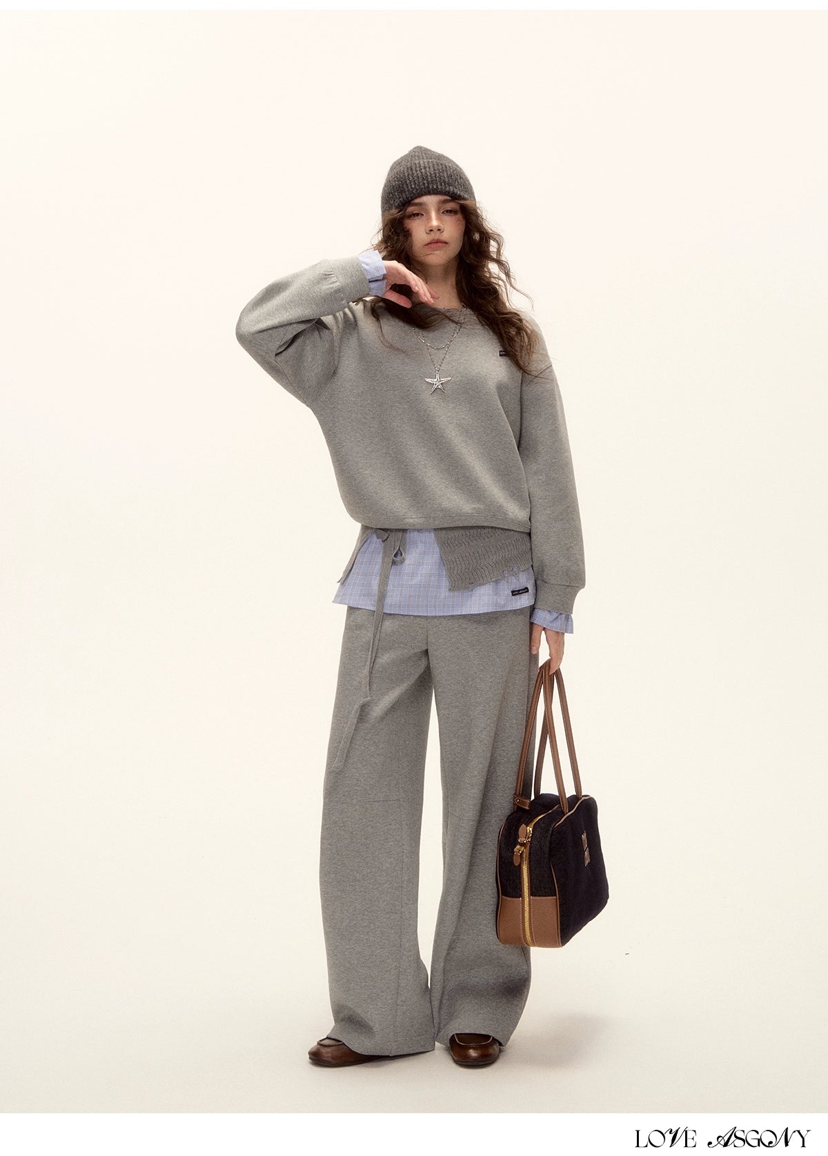 Patchwork Sweatshirt & Curved-Hem Knit Pants Set