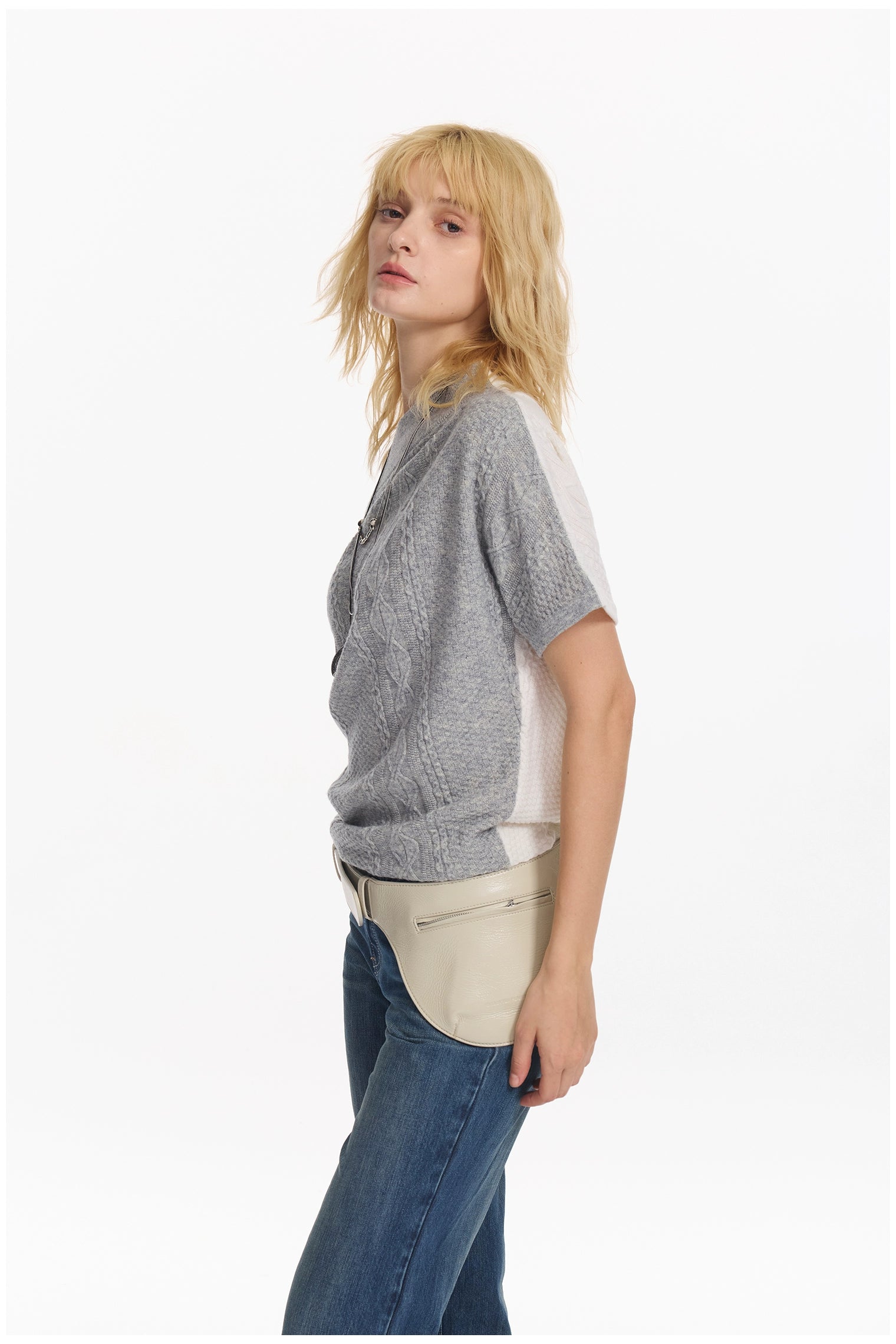 Diagonal Bat-Sleeve Knit Crewneck